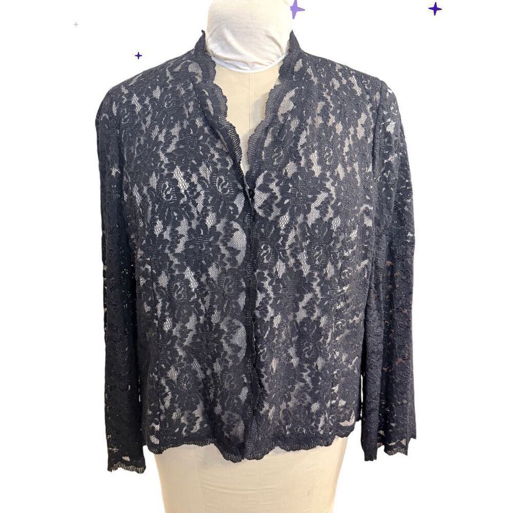 Talbots Black Lace Evening Cardigan Jacket Black Lace Scalloped Neck Lined 14W